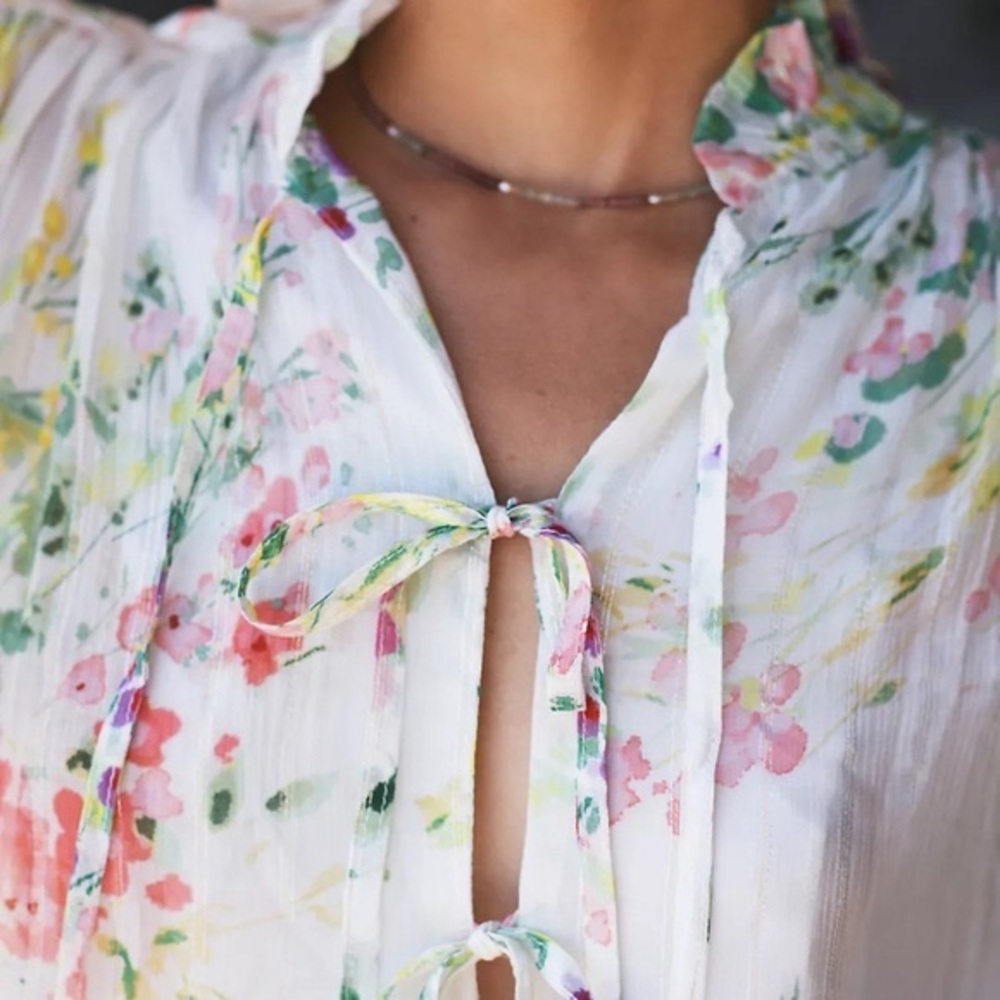 Anthropologie White Floral Tie-Front Blouse - Picture 9 of 13